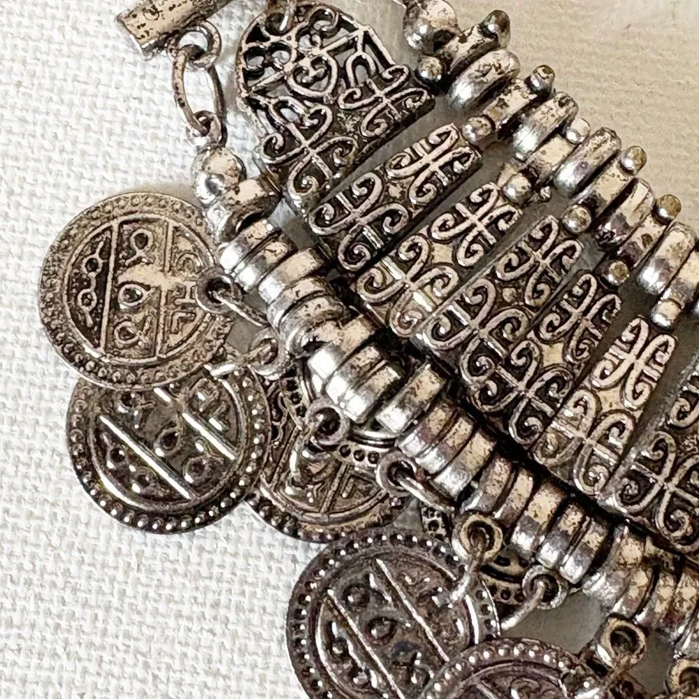 Silver Tone Coin Wide Choker Necklace Bohemian Gypsy Love Affair 16.5” - Picture 8 of 14